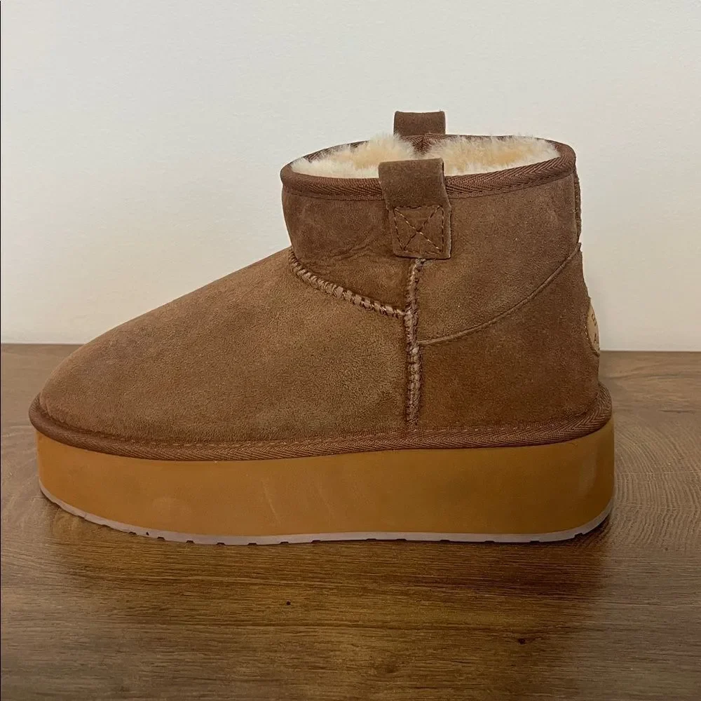 Emu Australia Stinger Micro Flatform Sheepskin Booties Slipper Boots Brown 9